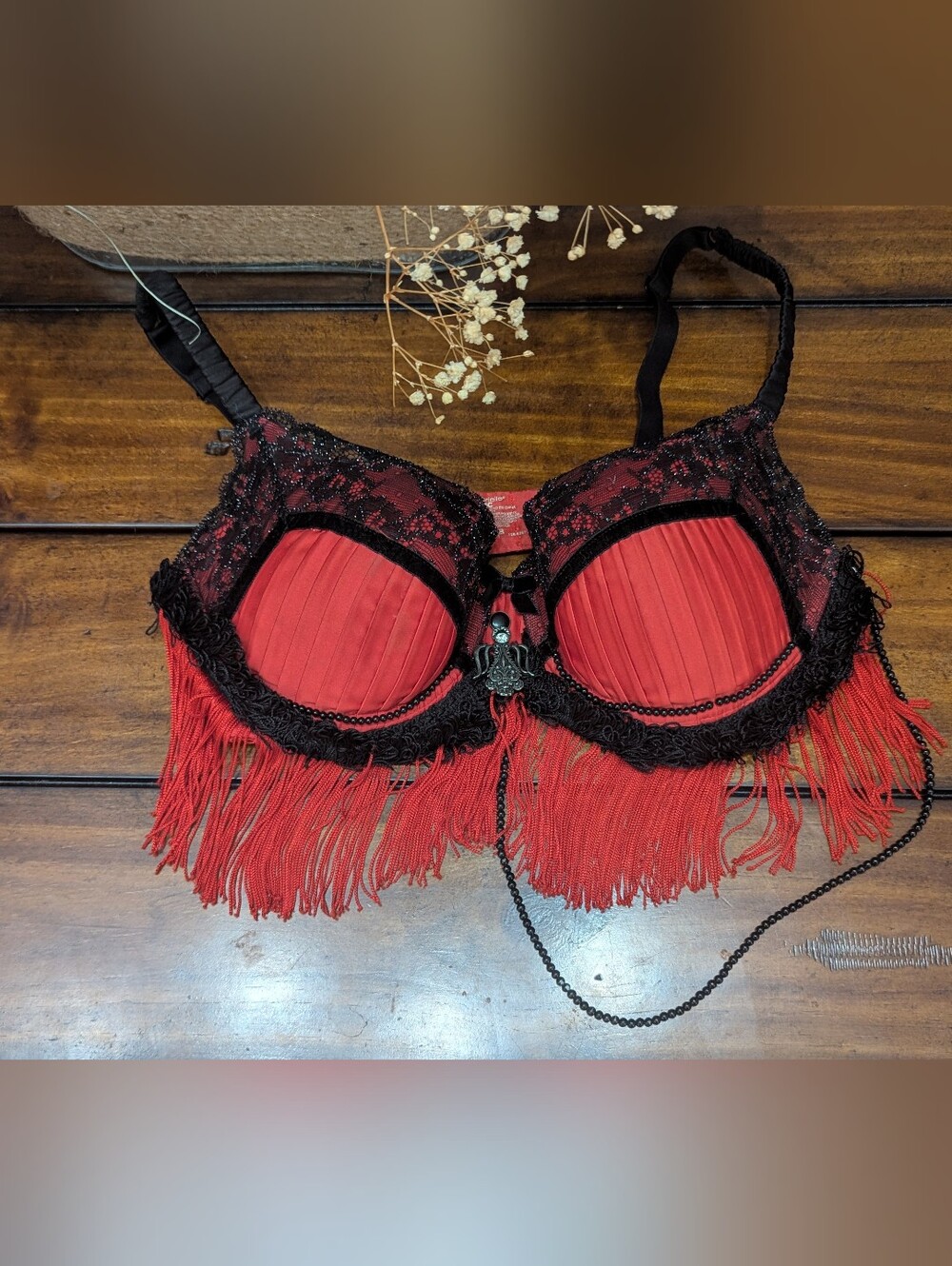 🚨 Custom Burlesque Belly Dance Fringe Bra 38C Red Satin Goth Costume Photoshoot